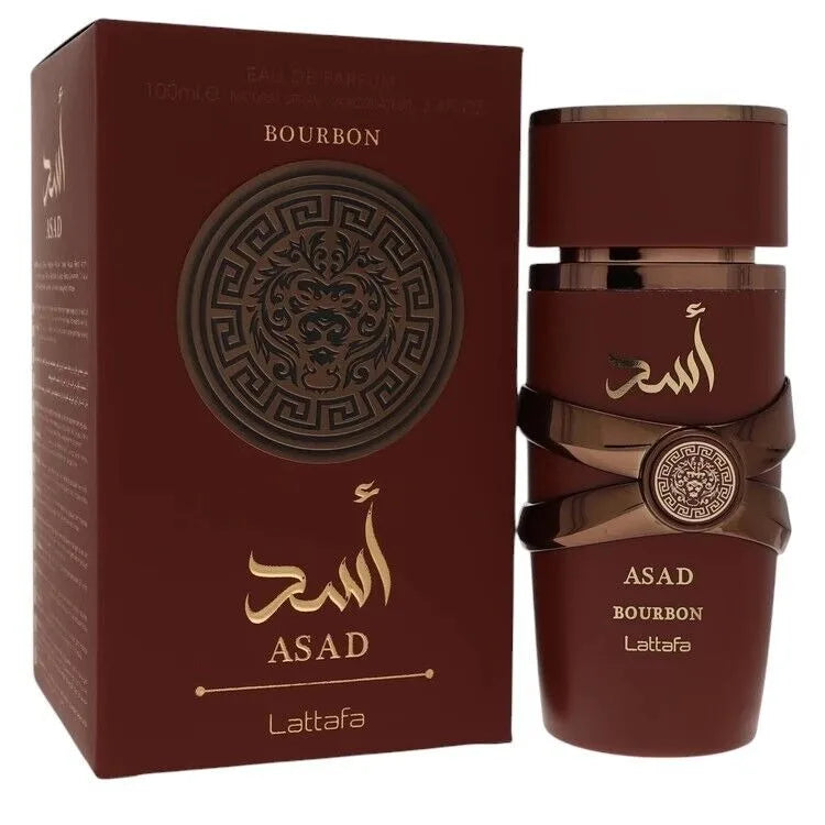 Asad Bourbon Lattaafa perfume bottle and packaging on a white background