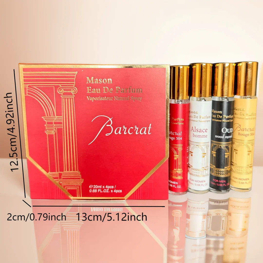 Barcrat Eau De Parfum packaging with four bottles displayed next to it on a reflective surface.