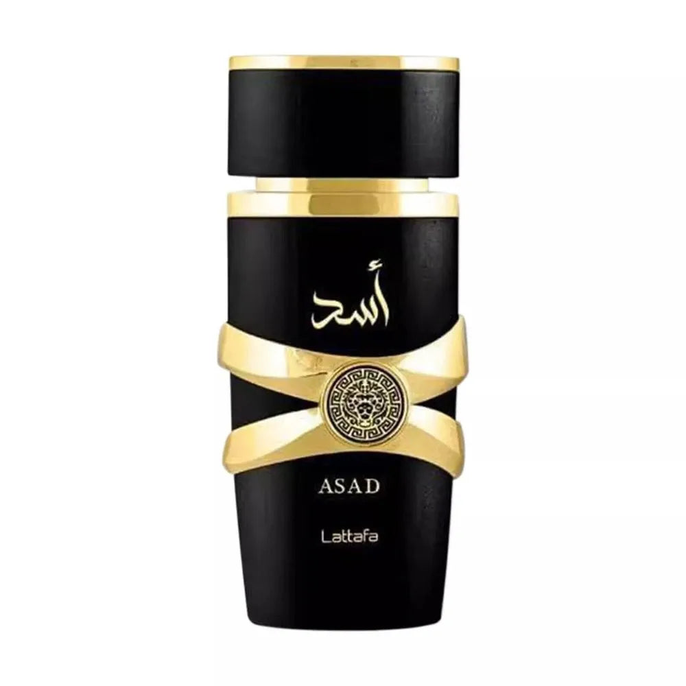 Black and gold perfume bottle with 'ASAD' branding on a white background