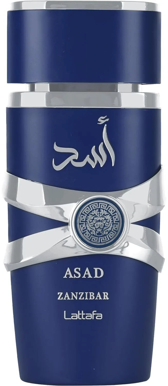 Blue and silver bottle with 'Asad Zanzibar' branding on a white background