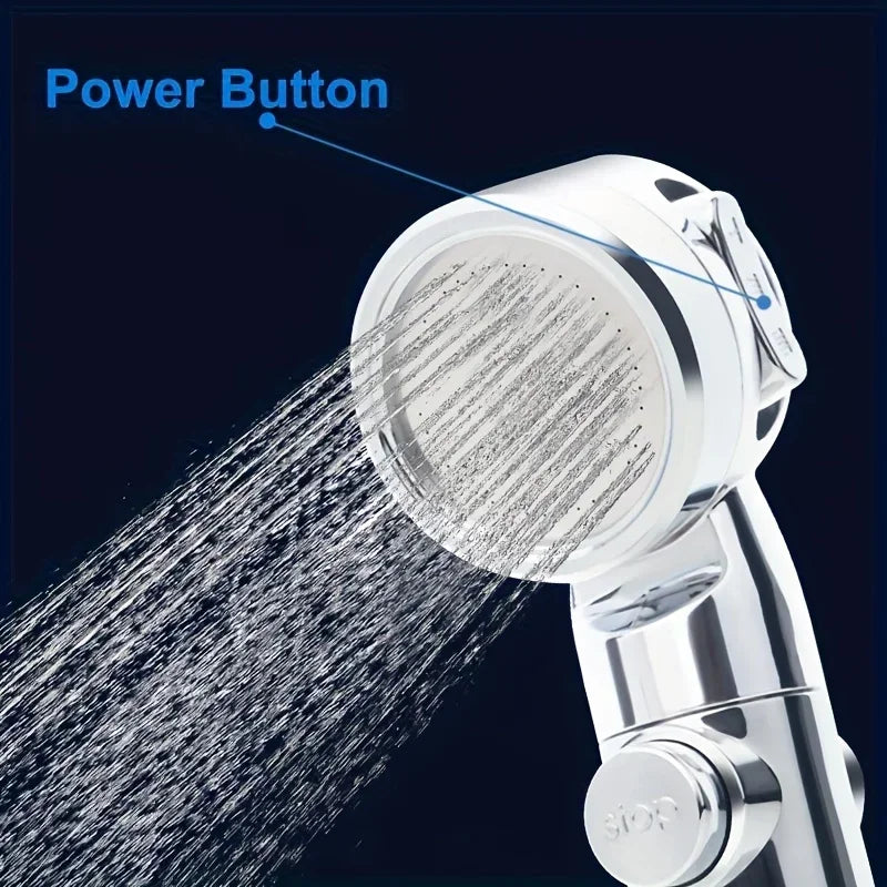 Chrome shower head with water streaming out, labeled 'Power Button' on a dark background