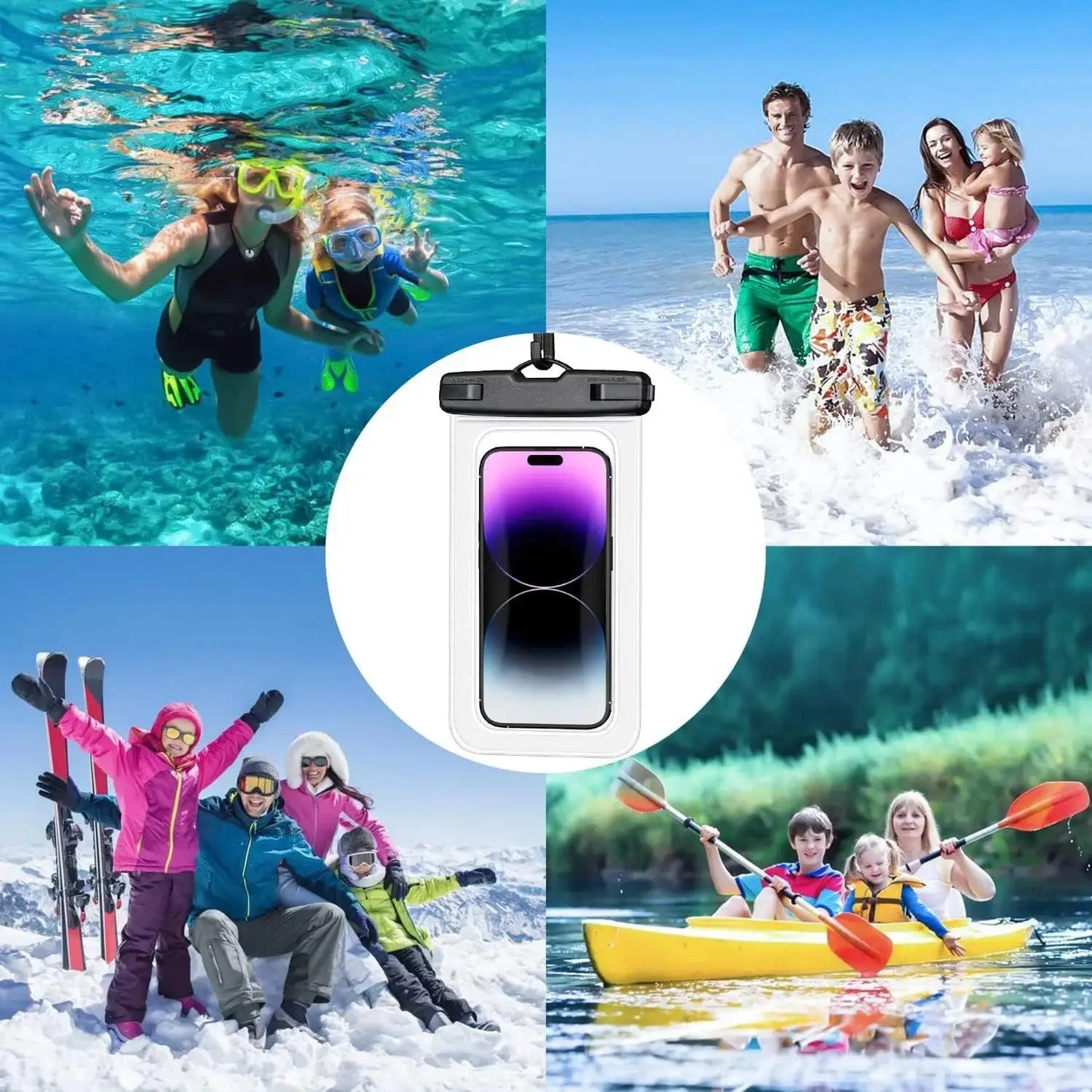 Collage of people engaging in various activities with a phone case in the center.