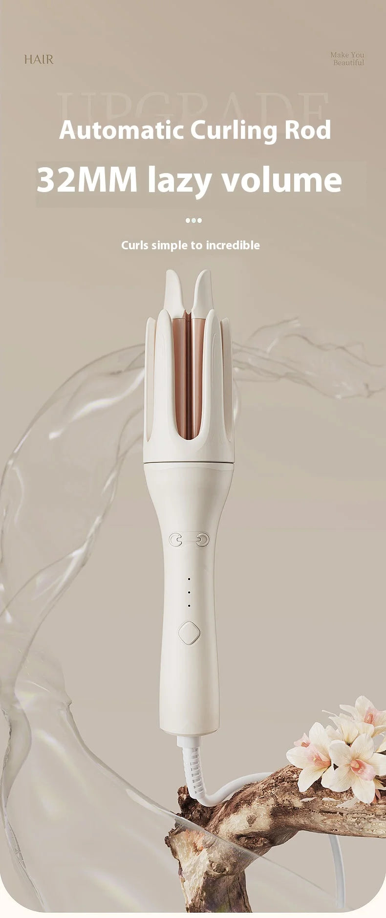 White curling rod with text on a beige background