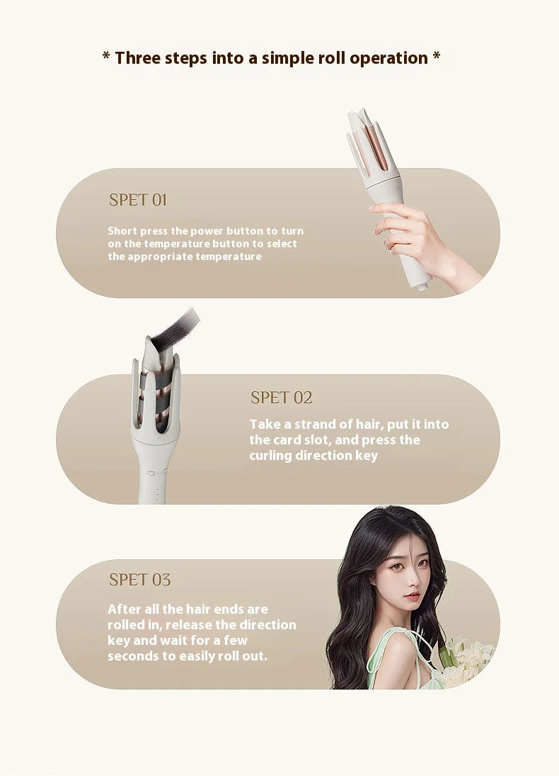 Hair styling tool with step-by-step instructions on a beige background