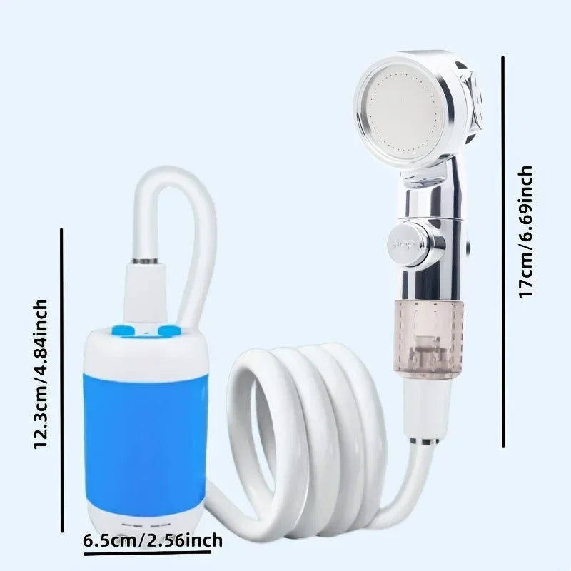 Handheld shower head with blue pump and white hose, shown with measurements on a light gray background.