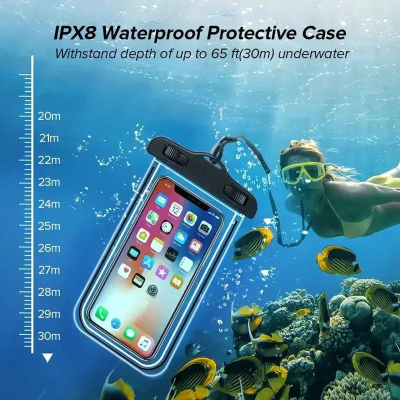 IPX8 waterproof protective case with a phone inside, shown underwater with a diver and coral reef.