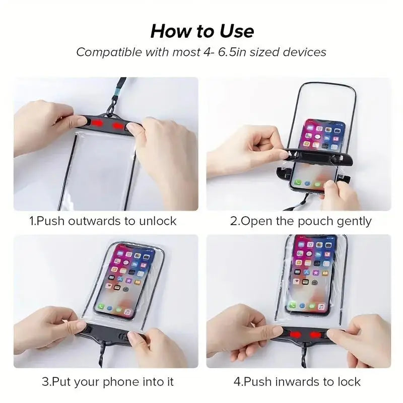 Instructions on how to use a phone pouch with a smartphone inside.
