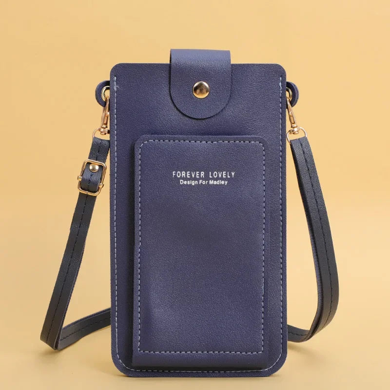 Navy blue phone pouch with 'Forever Lovely text on a beige background
