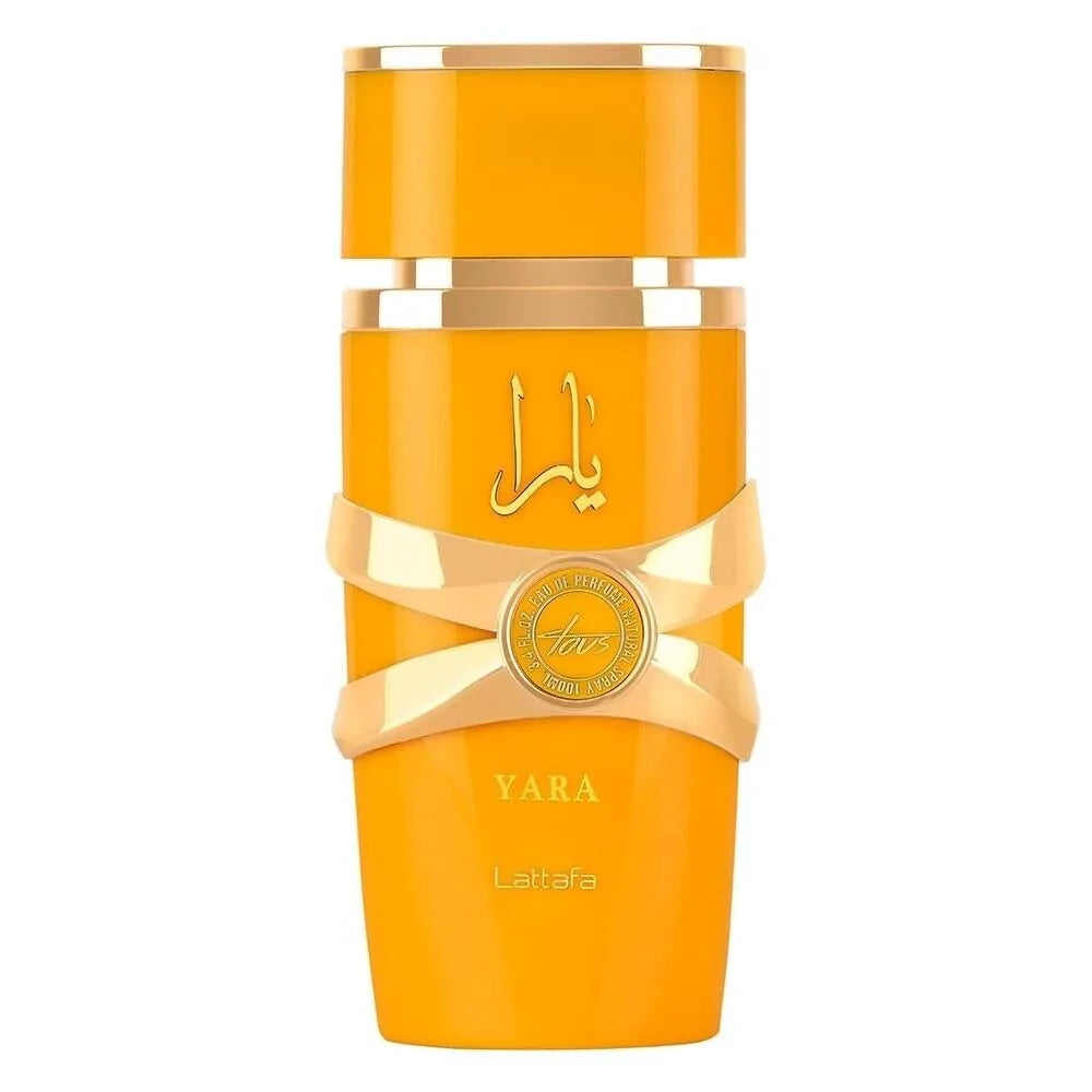 Orange perfume bottle with gold accents on a white background