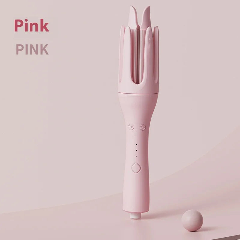 Pink hair styling tool on a pink background with 'Pink' text.