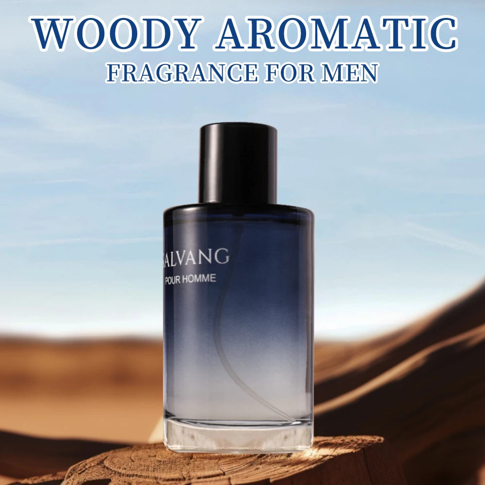 Perfume bottle labeled 'ALVANG' on a wooden surface with 'Woody Aromatic Fragrance for Men' text above.