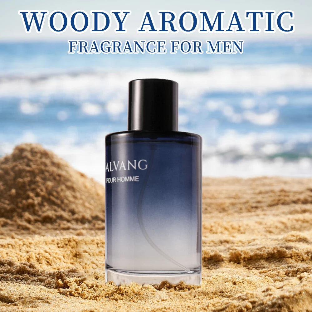 Perfume bottle labeled 'ALVANG' on sand with ocean background, text 'Woody Aromatic Fragrance for Men'.