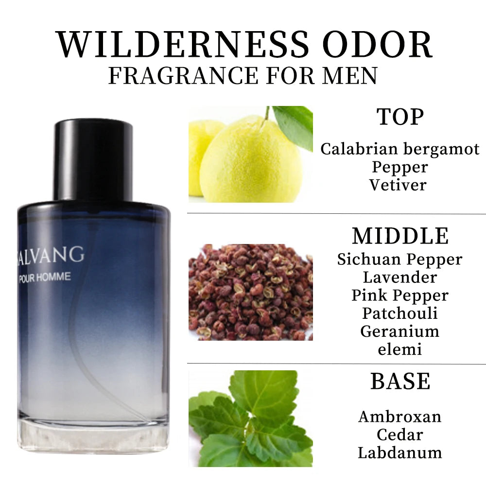 Perfume bottle labeled 'ALVANG' with fragrance notes and botanical images on a white background