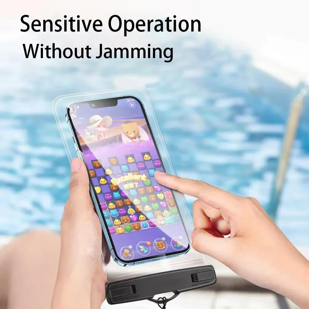 Person using a smartphone with a transparent case by a poolside