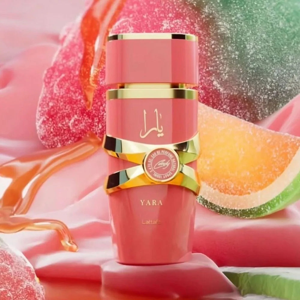 Pink and gold bottle labeled 'Yara' with colorful abstract background
