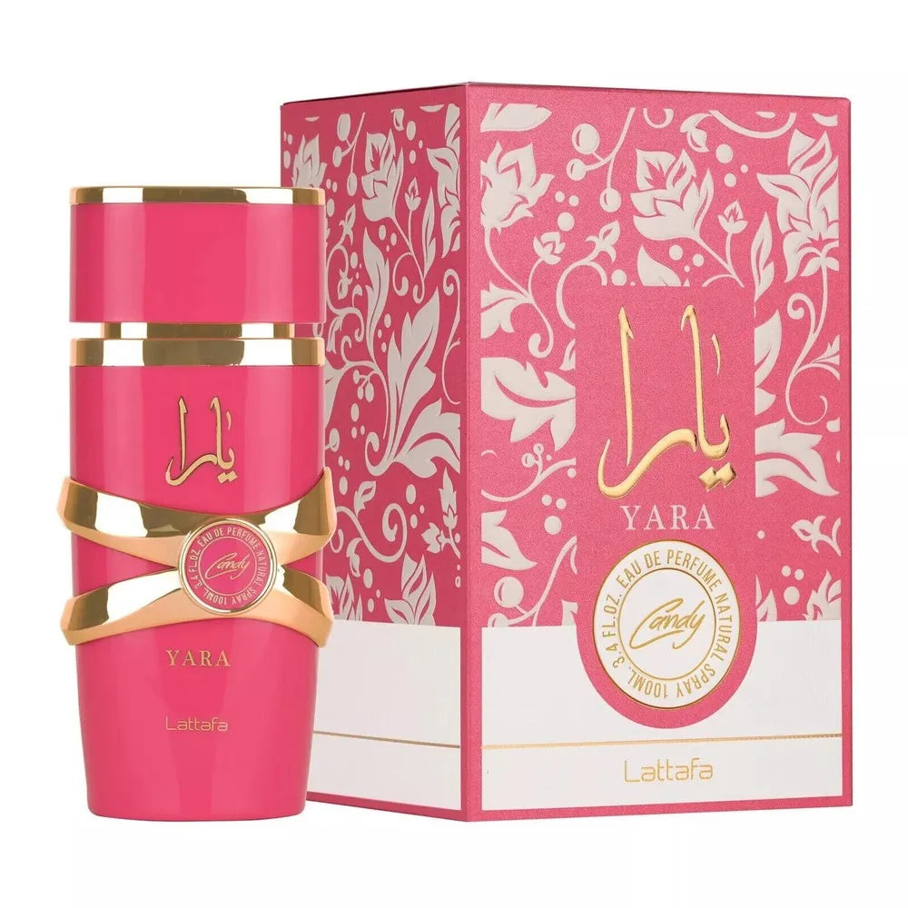 Pink perfume bottle and packaging with 'Yara' branding on a white background