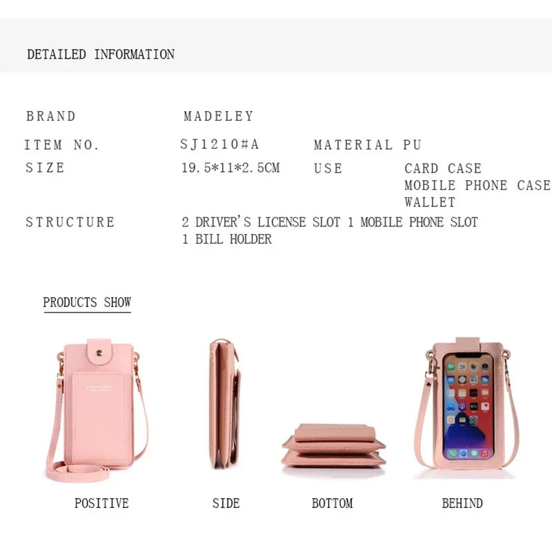 Pink phone case with multiple slots and a strap, shown from different angles on a white background.
