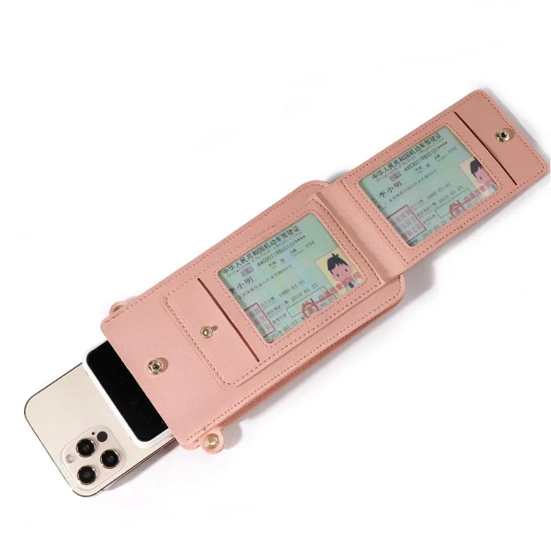 Pink wallet with card slots and a phone case on a white background