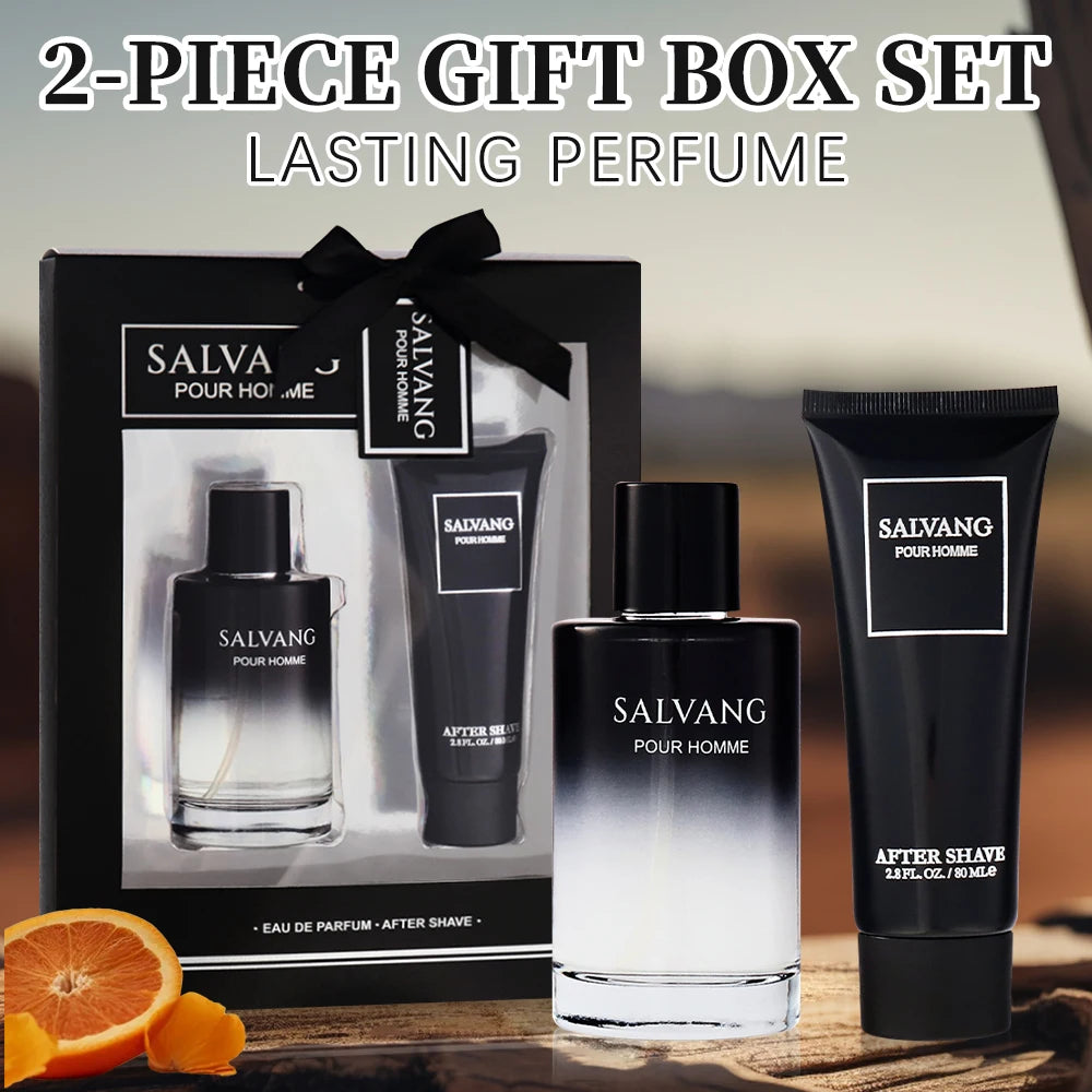 Salvang 2-piece gift box set with perfume and after-shave on a wooden surface.