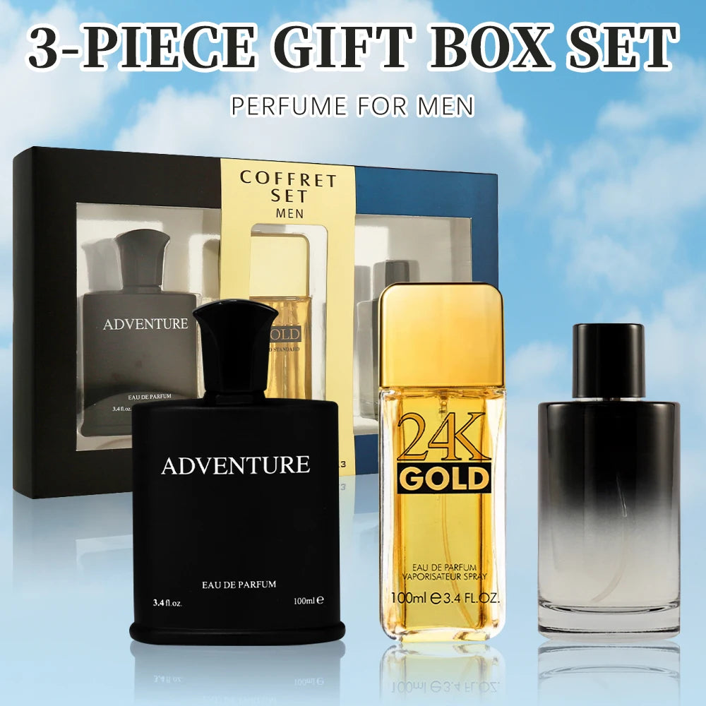 Three perfume bottles with a gift box on a blue sky background