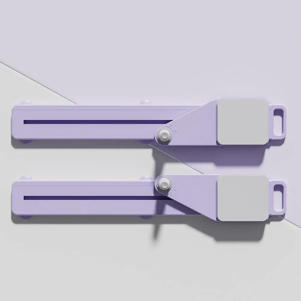 Two purple plastic clips on a white background