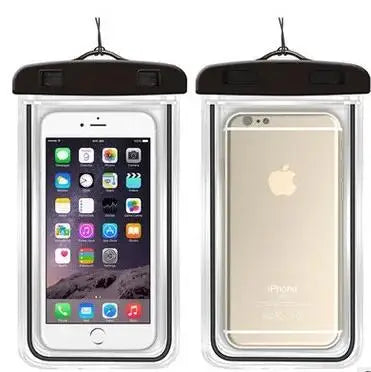 Two waterproof phone cases with a smartphone inside, one showing the front and one the back.