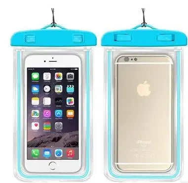 Two waterproof phone cases with smartphones inside, one showing app icons and the other displaying the Apple logo.