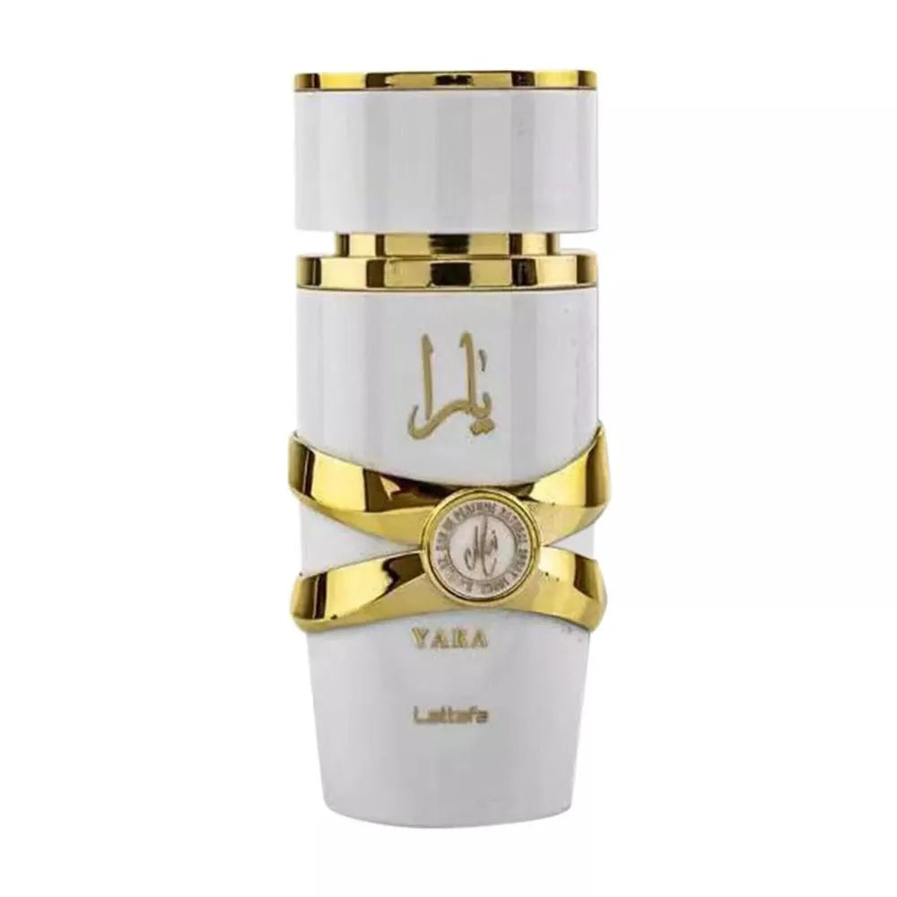 White and gold perfume bottle with 'Yara' branding on a white background