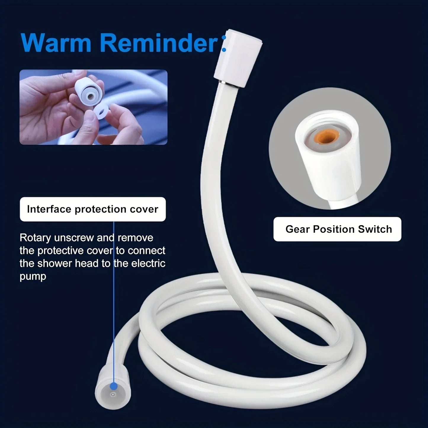White hose with interface protection cover and gear position switch on a dark blue background