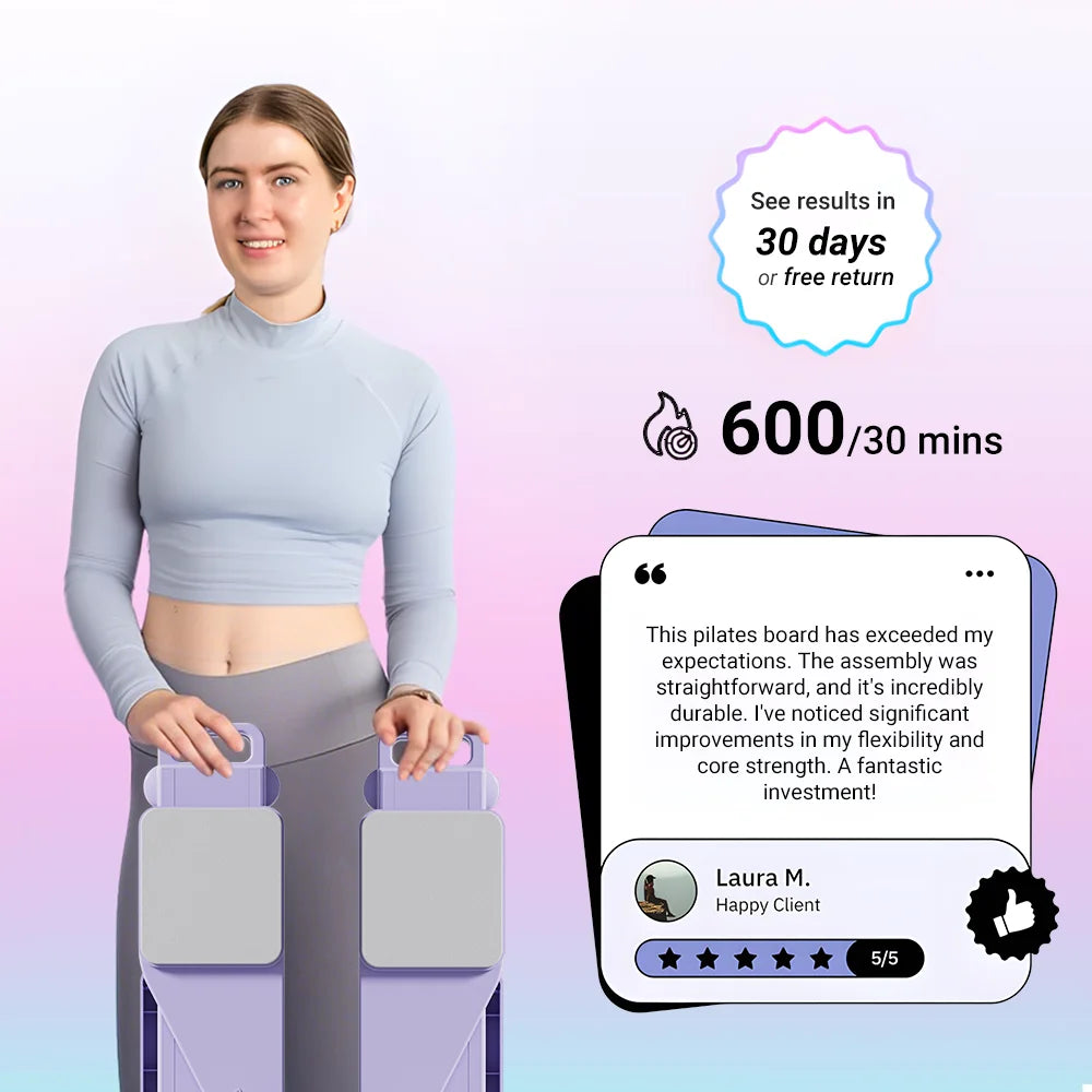 Woman holding a Pilates reformer with promotional text and a customer review on a gradient background