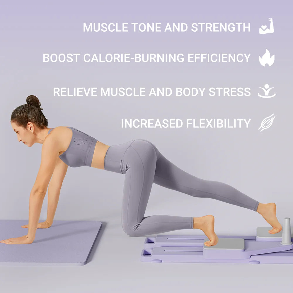 Woman performing a yoga pose on a step platform with text about fitness benefits on a light purple background