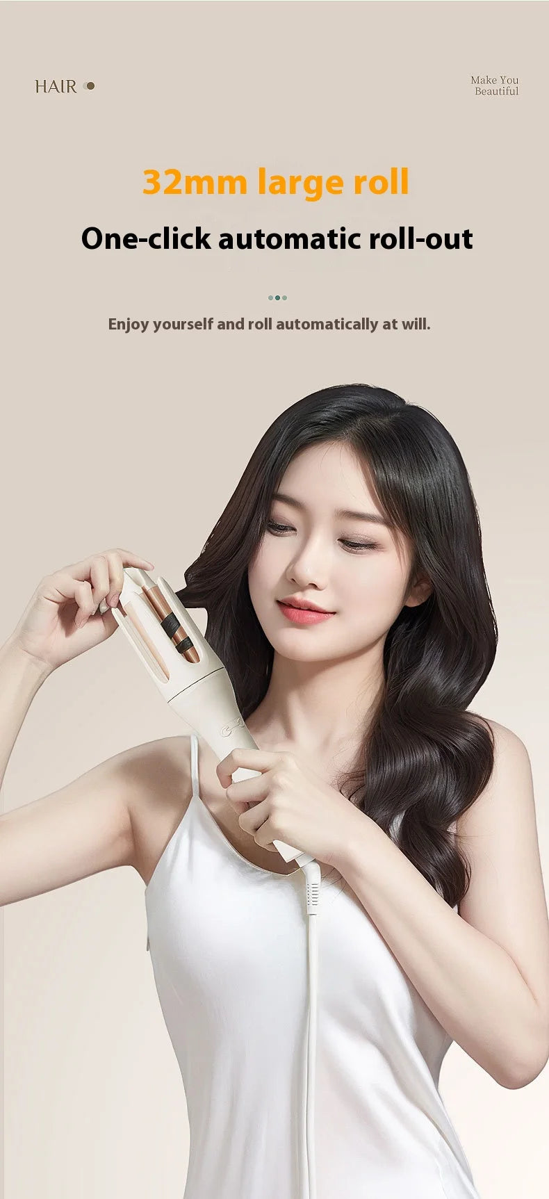 Woman using a hair styling tool with text about a 32mm large roll and one-click automatic roll-out feature.