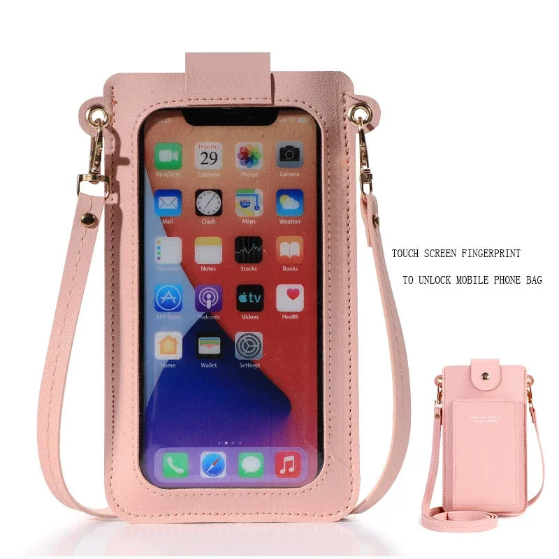 Pink phone case with screen for displaying phone and additional features on a white background