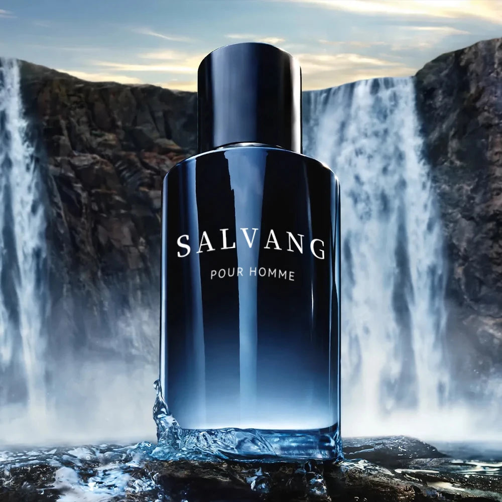 Salvang Pour Homme perfume bottle with a waterfall in the background