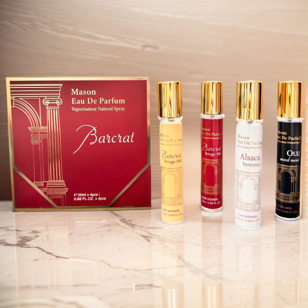 Set of Mason Eau De Parfum bottles with a red box on a marble surface