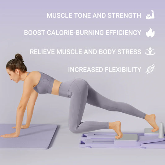 Woman performing a yoga pose on a step platform with text about fitness benefits on a light purple background